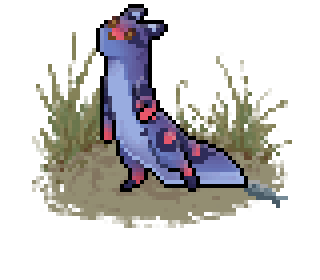 Pixel art of a thin purple-blue slugcat with red spot markings, including one on its nose & red sock-like markings on its front paws. There are two pale spots on the back of its ears.